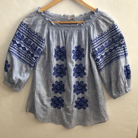Christophe Sauvat Bolshoi Top Sz S Blue Chambray Embroidered Off Shoulder - Picture 2 of 7